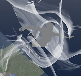 giant statue blowing in wispy clouds