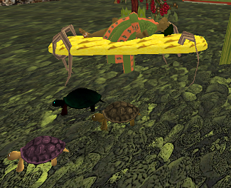 Iyoba lying with her three statue turtles in the Curlgola