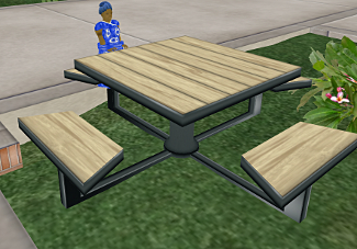 Iyoba sits at a picnic table on Bearkat Island