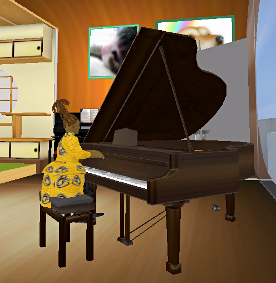 Iyoba plays the baby grand in the Rain Cafe