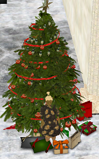 A tree festooned with red ribbon and surrounded by colorful presents on Dance Island