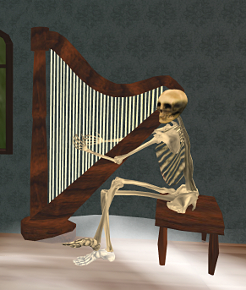 A skeleton plays a beautiful tune on a harp on Pandore