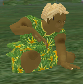 Iyoba in a fairly new dress crouching in the grass on ECU III